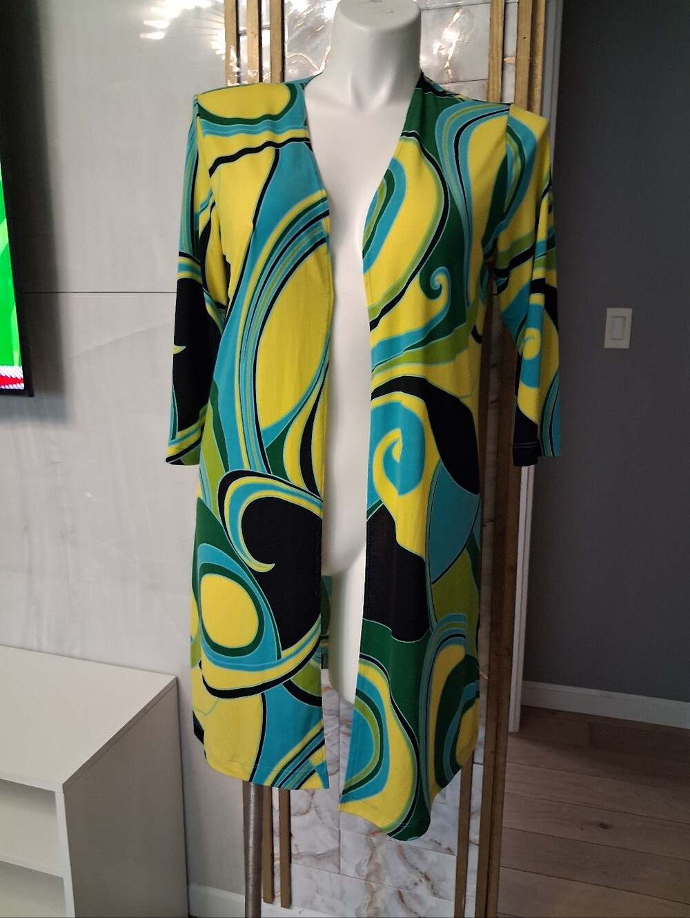 Vibrant Swirl Open Front Duster - Yellow, Teal, Green, Black